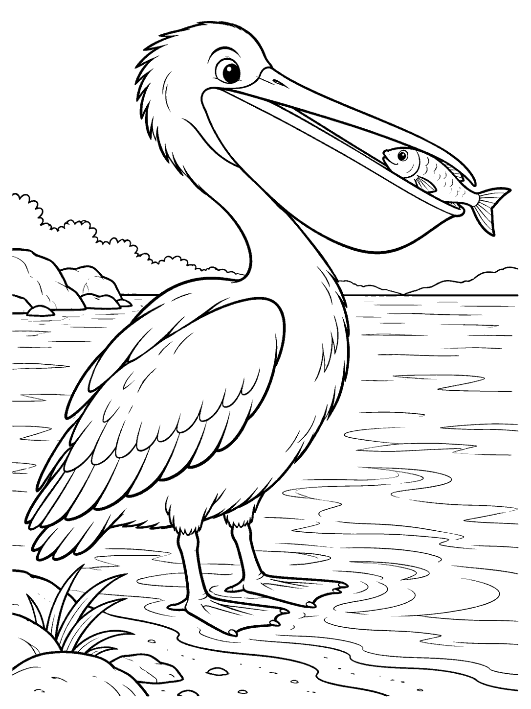 A pelican standing at the water’s edge holds a small fish in its bill, with ripples around its feet.
