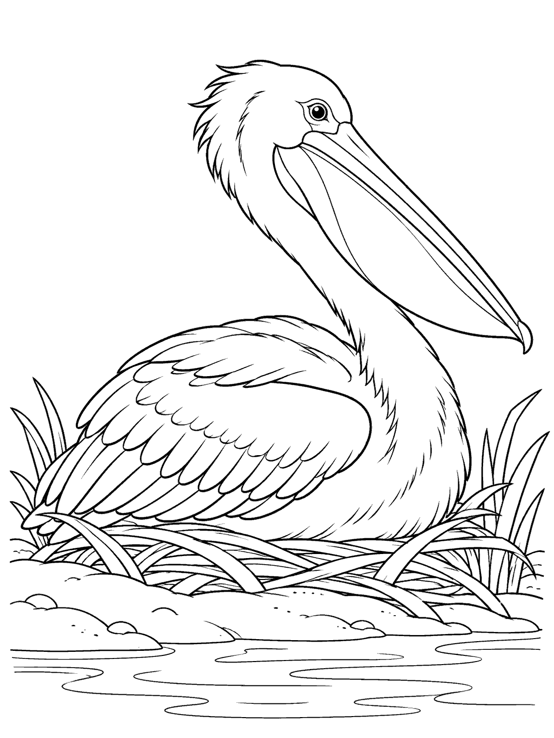 Large pelican with a long bill and folded wings, sitting among reeds by the water.