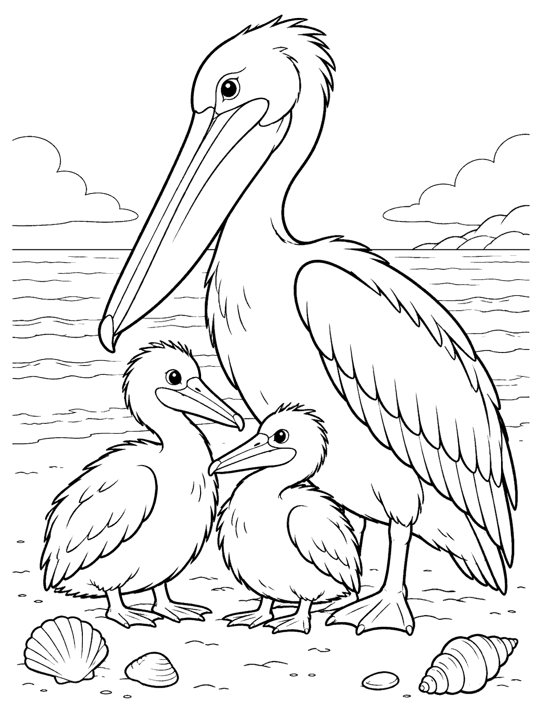Parent pelican standing with two chicks beside shells on a shoreline