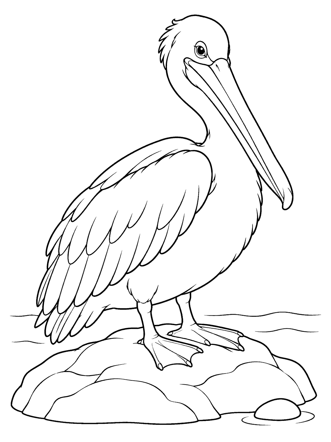 Line art of a pelican standing on a broad coastal rock, with simple water lines and a small pebble.