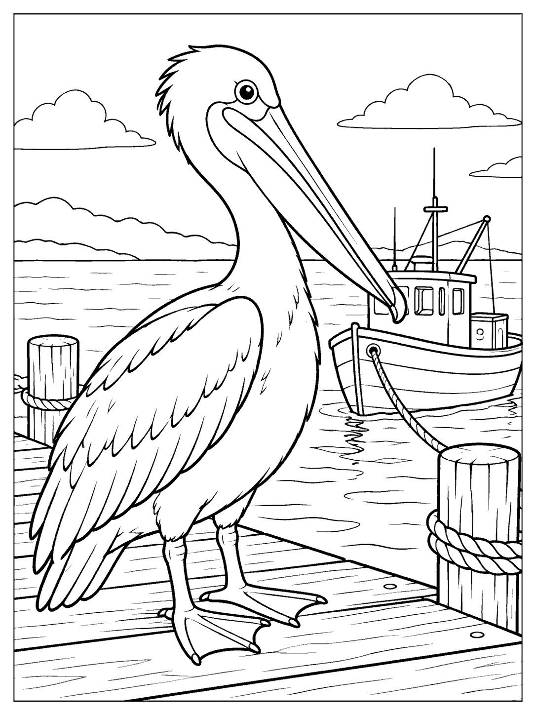 Black ink coloring page showing a pelican on a dock beside a tied fishing boat, with water and distant clouds.