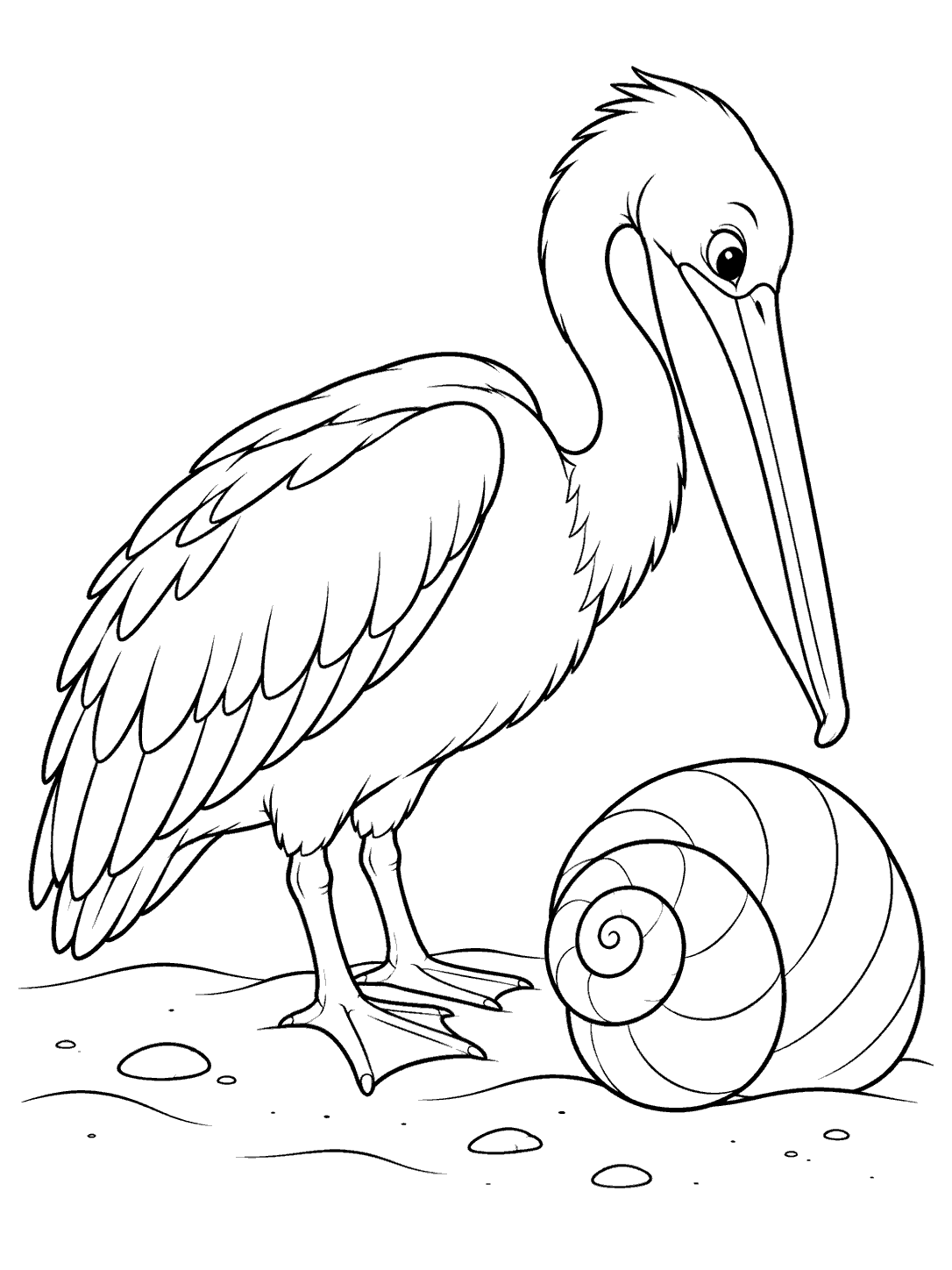 Full side-view pelican leaning toward a large spiral seashell on a sandy beach, drawn in black outlines.