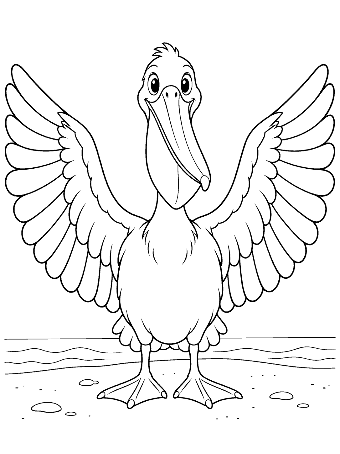 Front-facing pelican stretching its wings on a beach