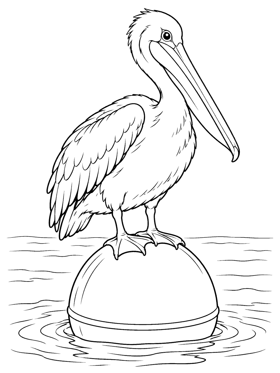 Black-and-white coloring page showing a pelican gripping a round buoy, surrounded by water ripples.