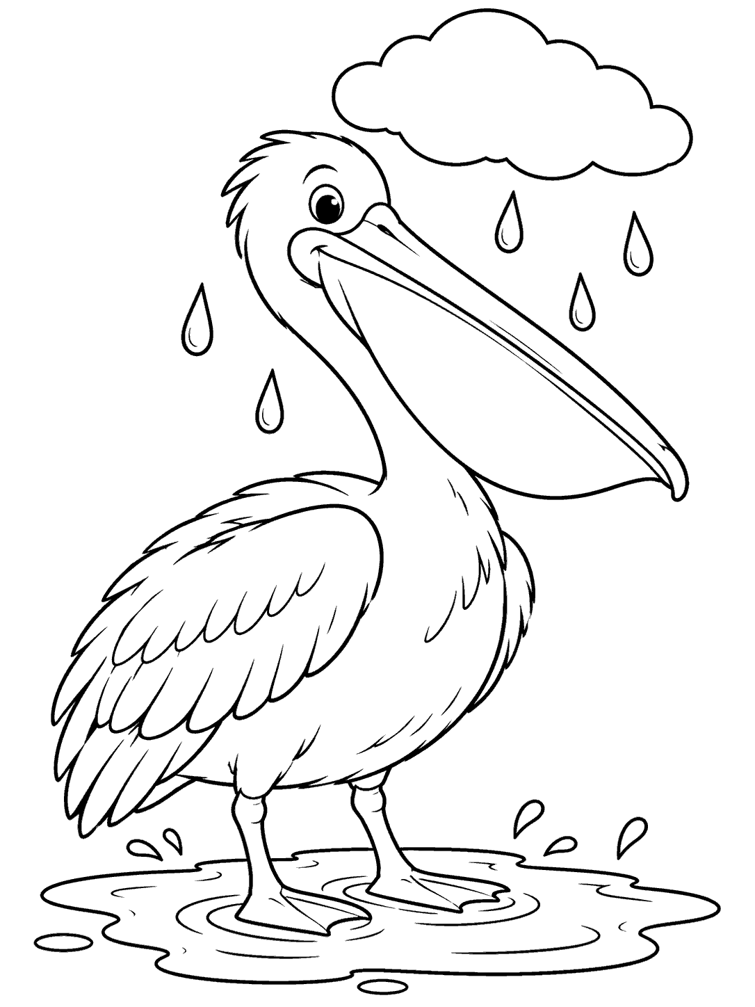A large-billed pelican standing in a shallow puddle beneath a cloud with five raindrops.