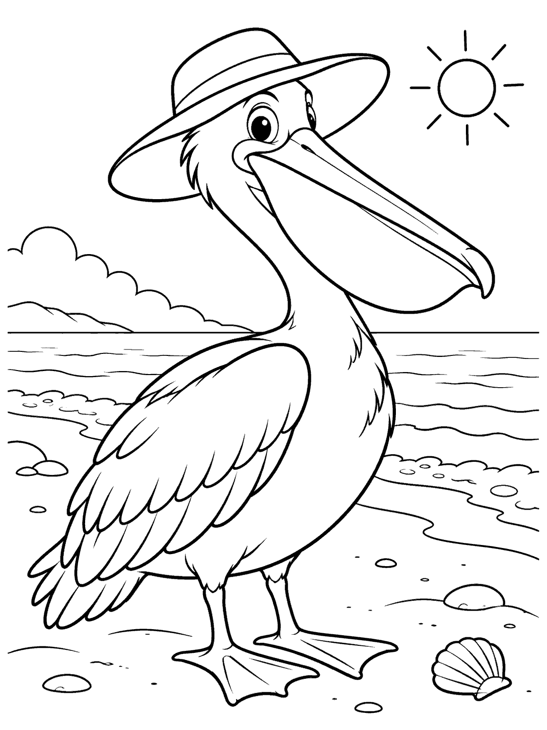 A pelican in a brimmed sun hat standing on a beach, with a small sun, shoreline, and seashells.