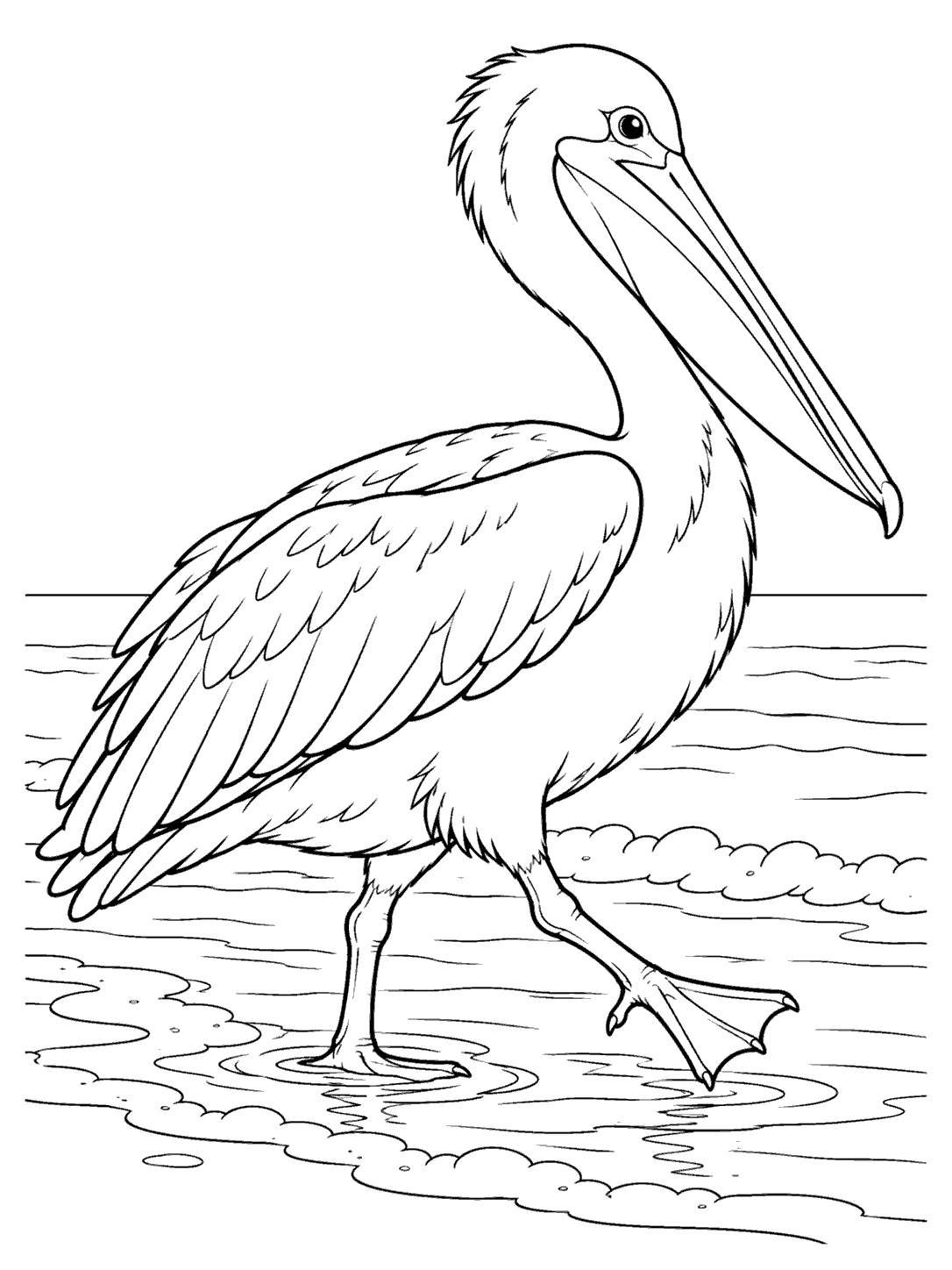 A pelican strides through shallow shoreline water, one webbed foot lifted above the foam.