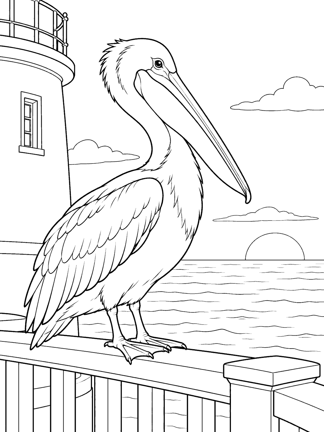 Large pelican perched on a balcony rail, with a lighthouse wall, clouds, horizon, and sun behind it.