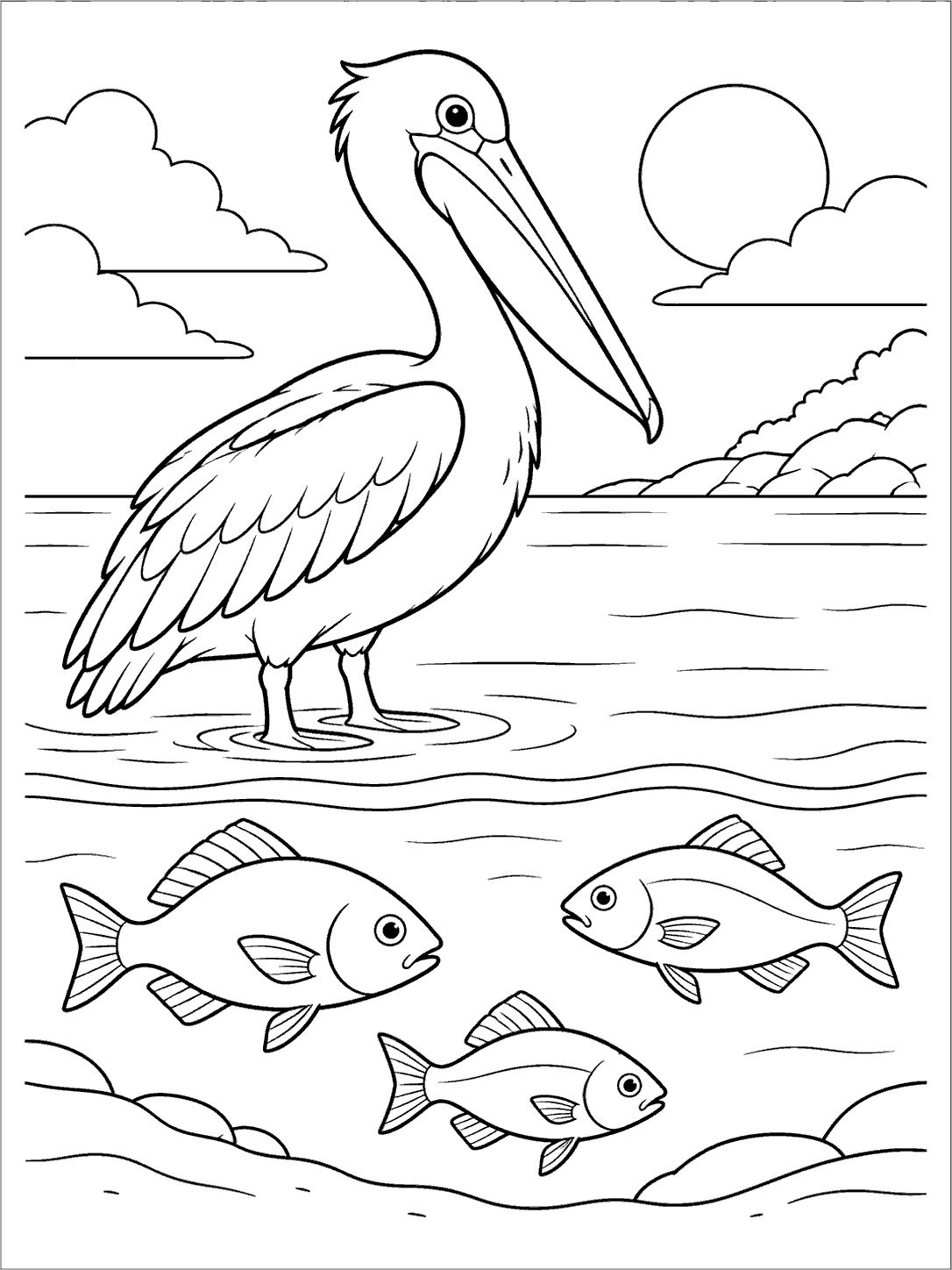 Black-and-white coloring page of a pelican at the waterline, with three fish below the surface.