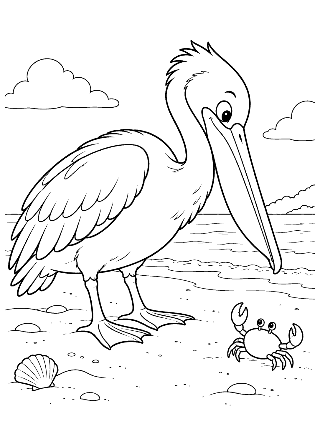 A curious pelican leans toward a small crab on a beach.