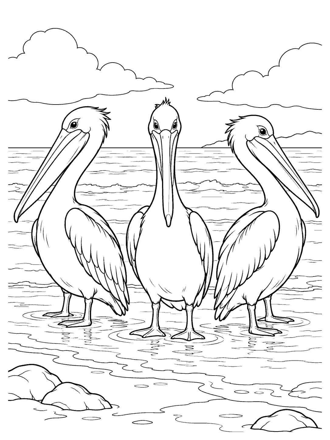 Three pelicans standing together at the water’s edge, with ripples, shoreline rocks, and clouds.