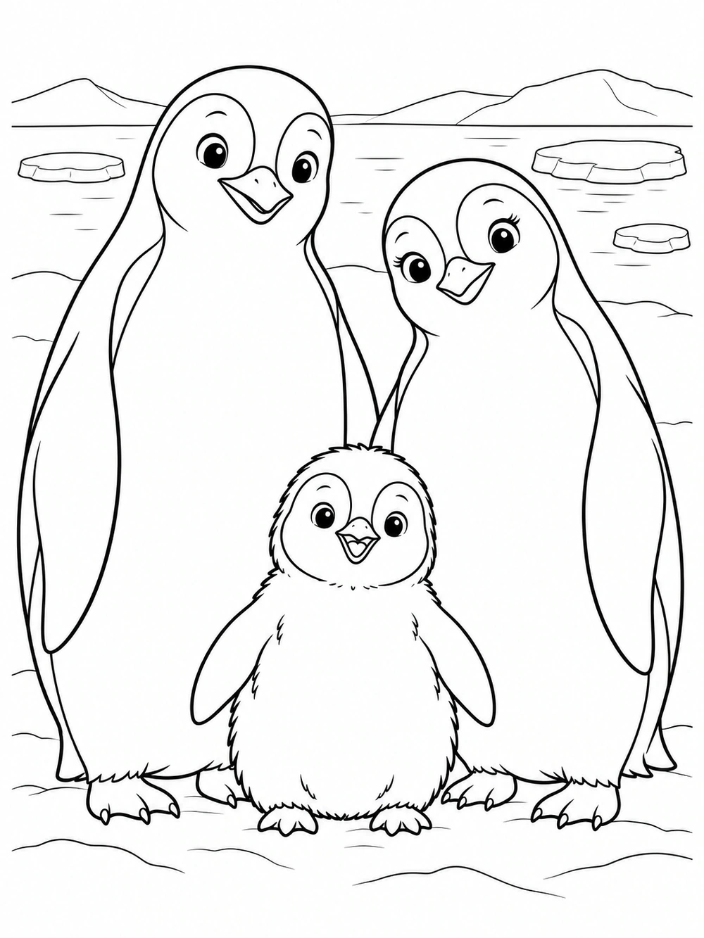 Two adult penguins and a small chick on a snowy shore, with distant ice and floes.