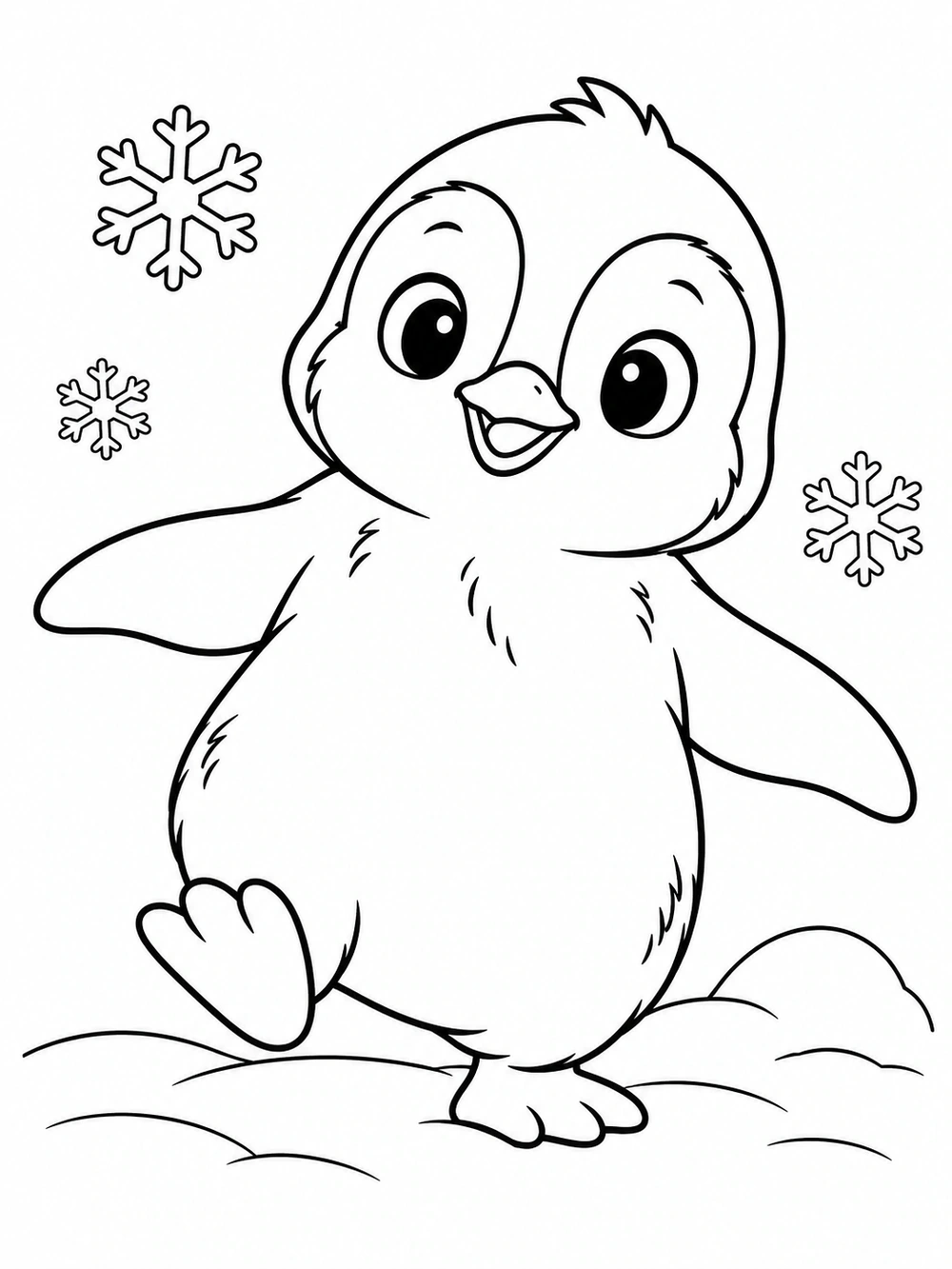 A young penguin chick waddling with wings out, surrounded by three snowflakes and a rounded snow mound.