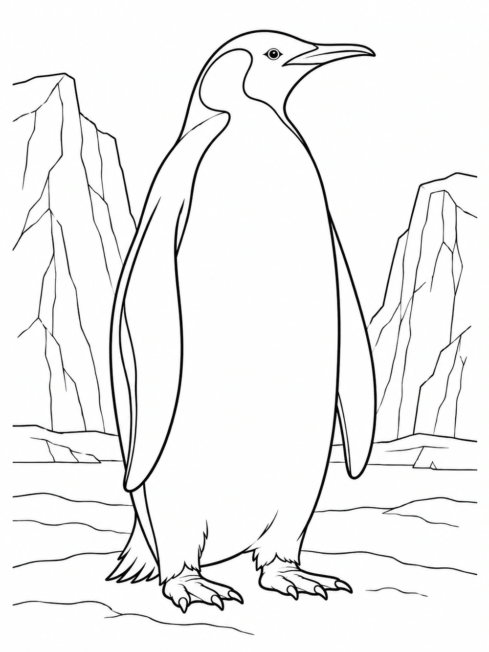 Upright emperor penguin with broad flippers and detailed feet, standing between ice formations on snowy ground
