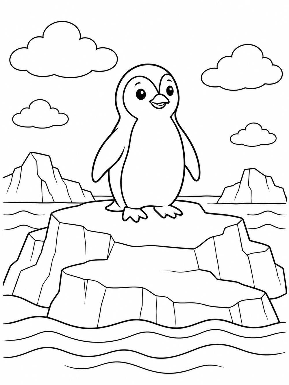 A penguin standing on a stepped iceberg with clouds, distant icebergs, and waves.