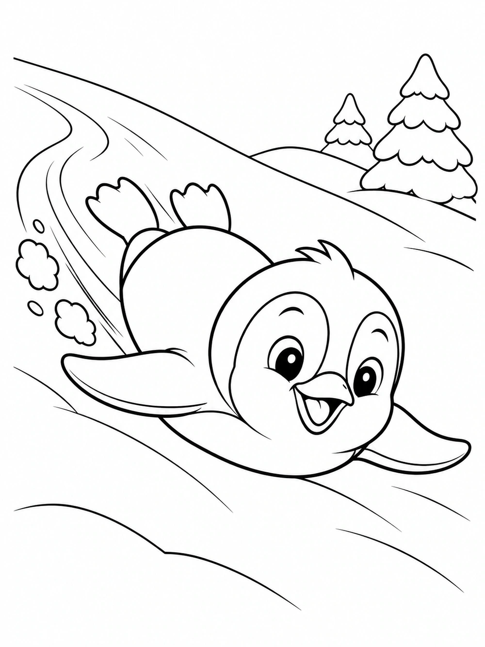 A joyful penguin slides belly-first down a snowy hill, flippers spread and feet trailing behind, with snow puffs and evergreen trees.