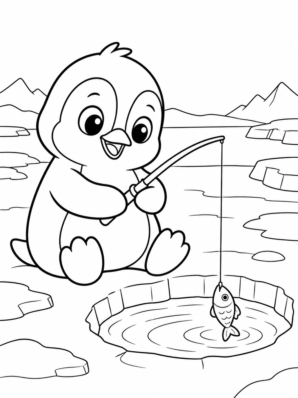 A penguin holding a fishing rod beside an ice hole, with a fish dangling above the water.