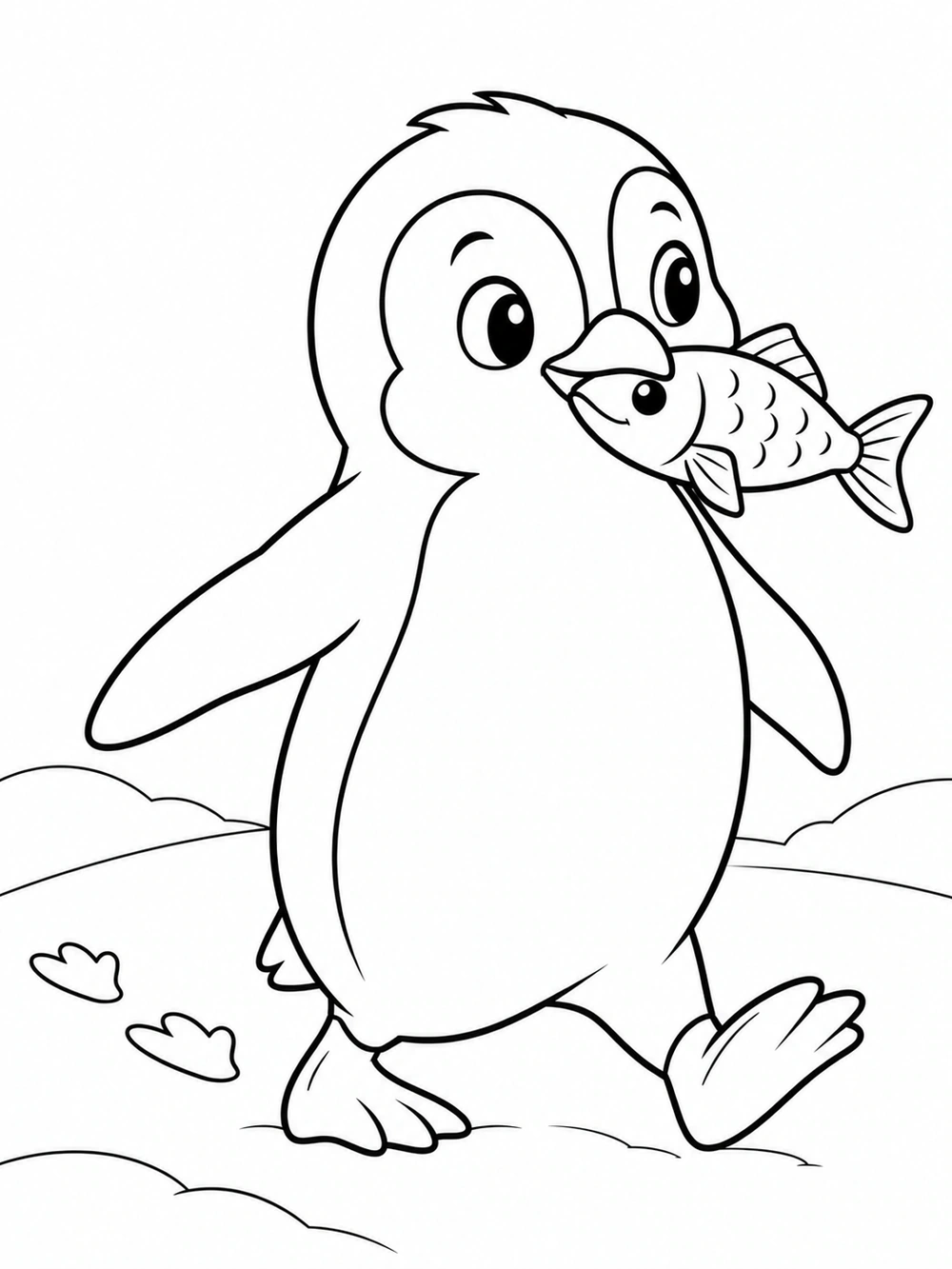 A full-body penguin in a walking pose carrying a fish in its beak, with two footprints and a snowbank.