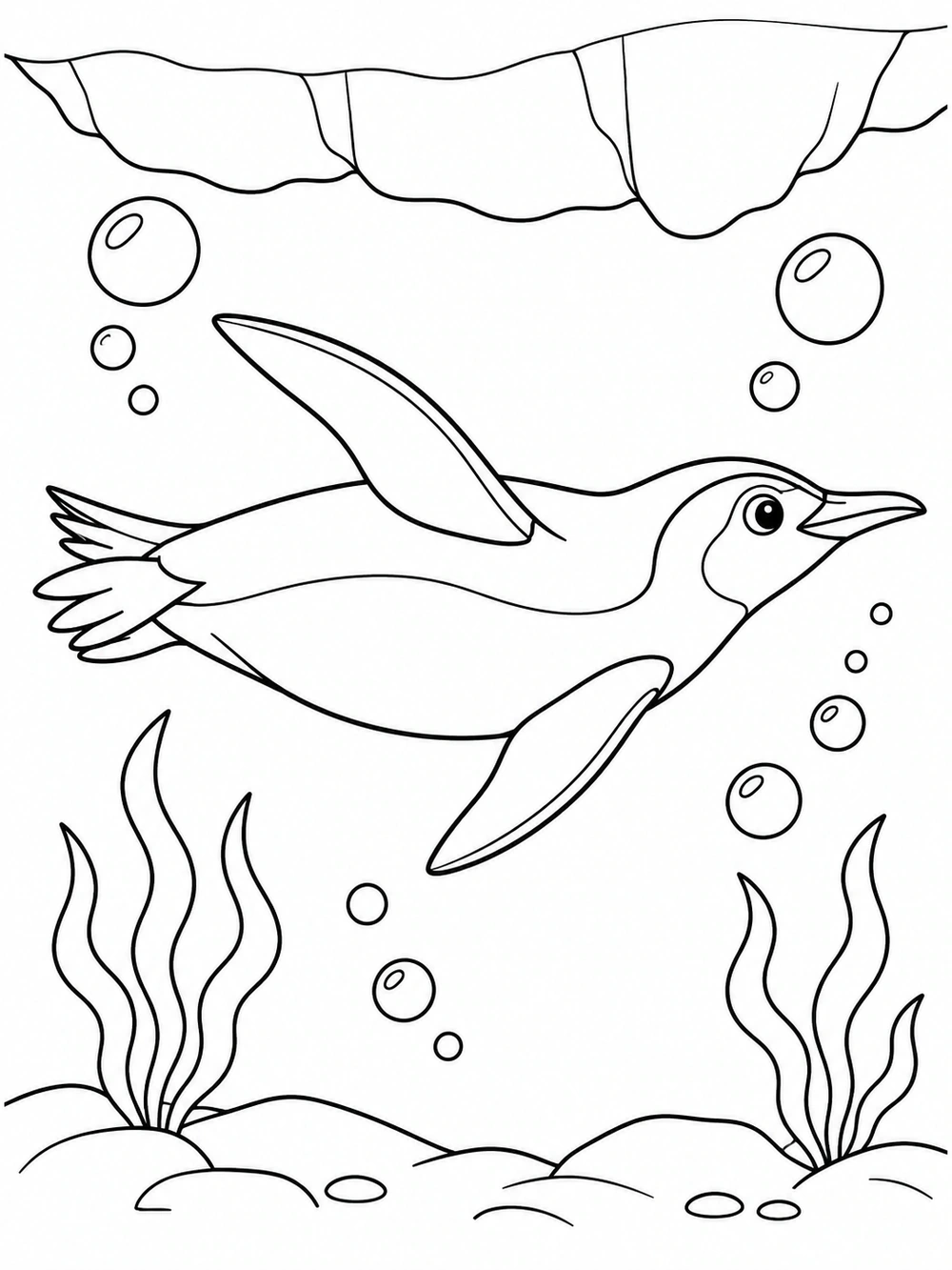 Side-view penguin swimming horizontally underwater, surrounded by bubbles, seaweed, and an uneven ice shelf above.