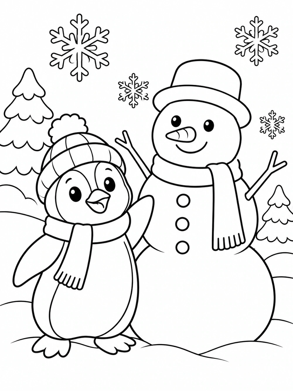 A penguin in a knit hat and scarf beside a three-part snowman with a scarf and rounded hat, with snowflakes and snowy trees in the background.