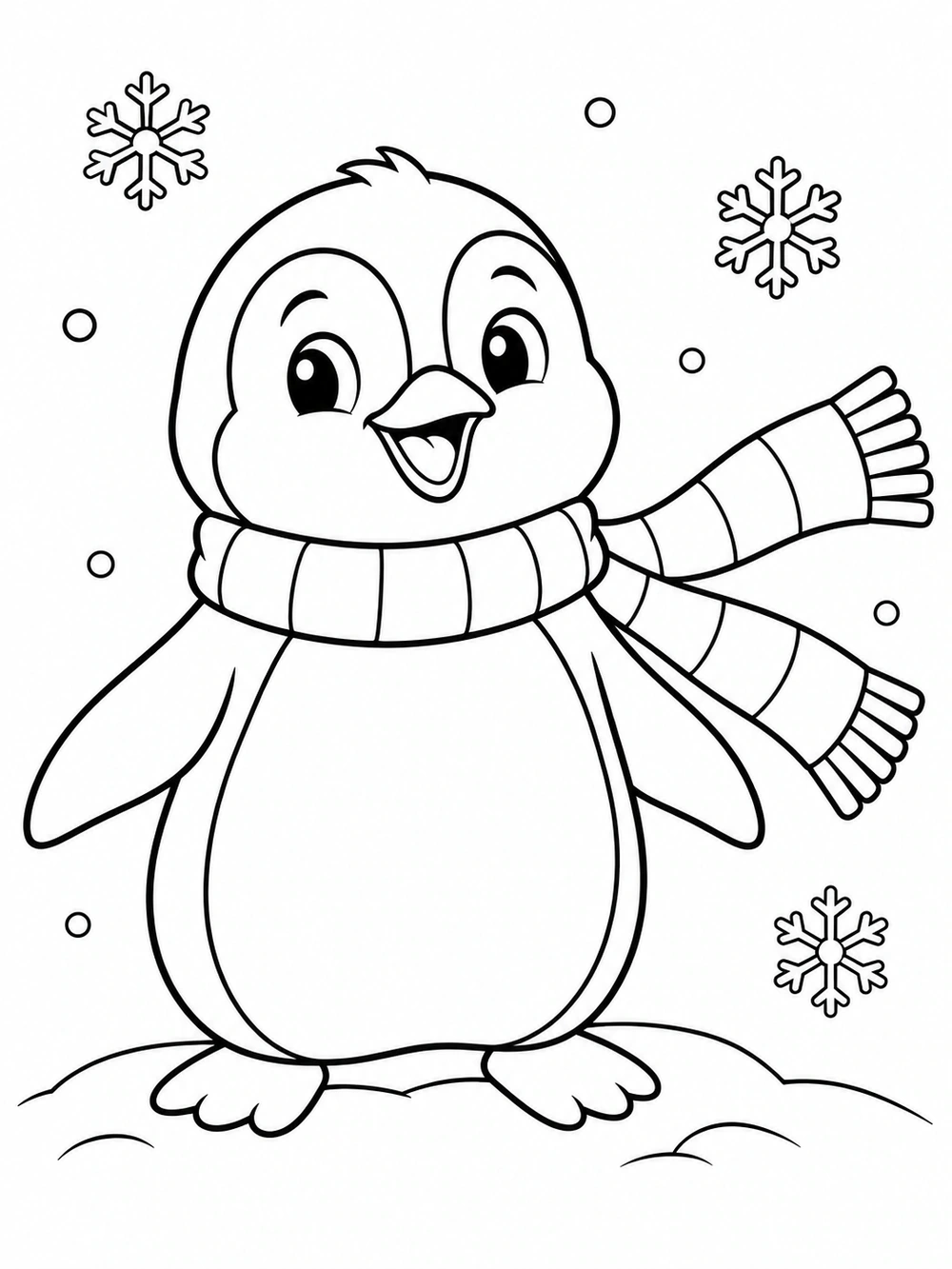 A smiling penguin in a long striped scarf stands on a snow mound among snowflakes.