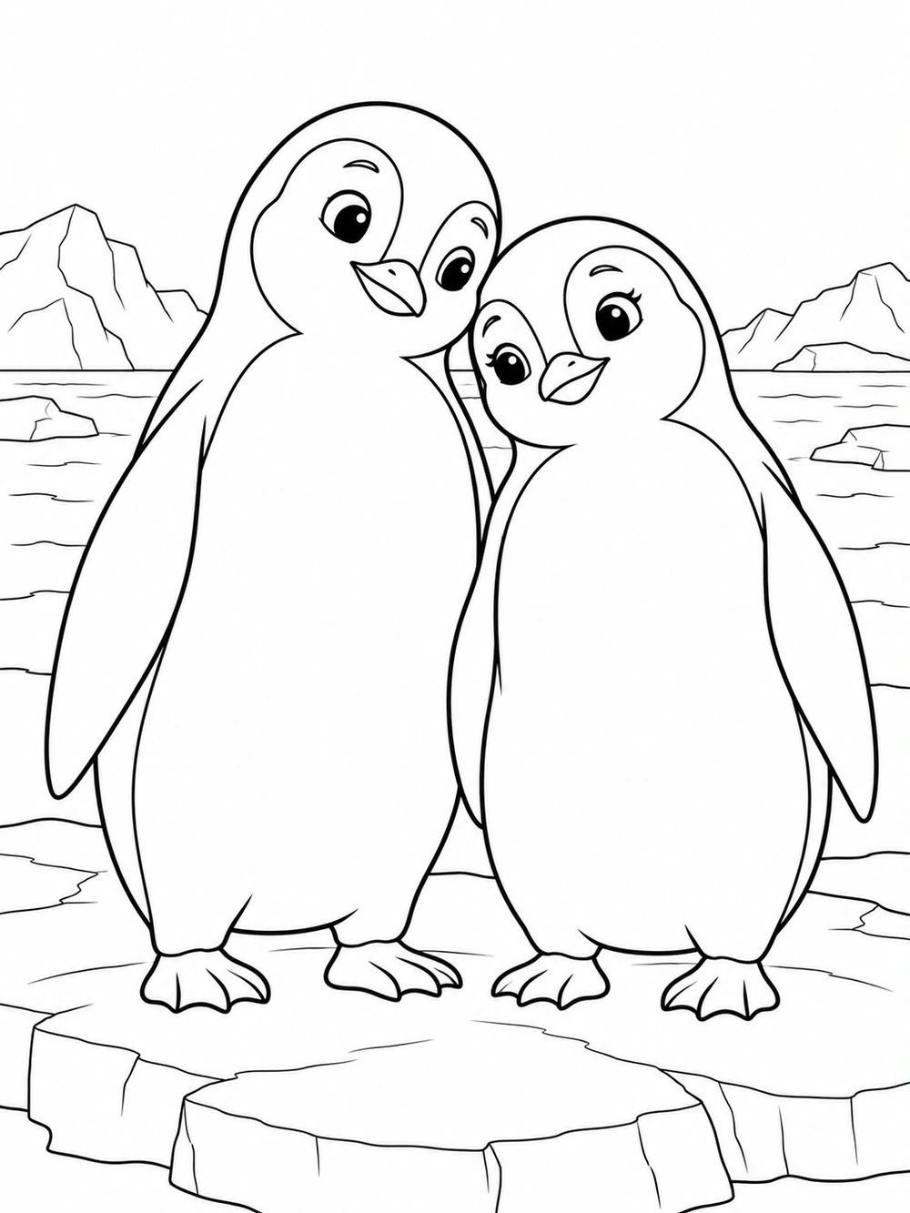 Two penguins leaning toward each other on a cracked ice shelf, with distant icebergs.