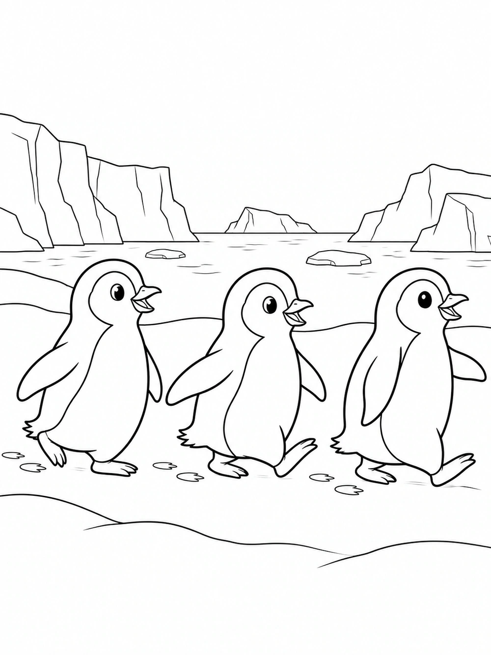 Three penguins marching across snow with footprints and distant ice shapes