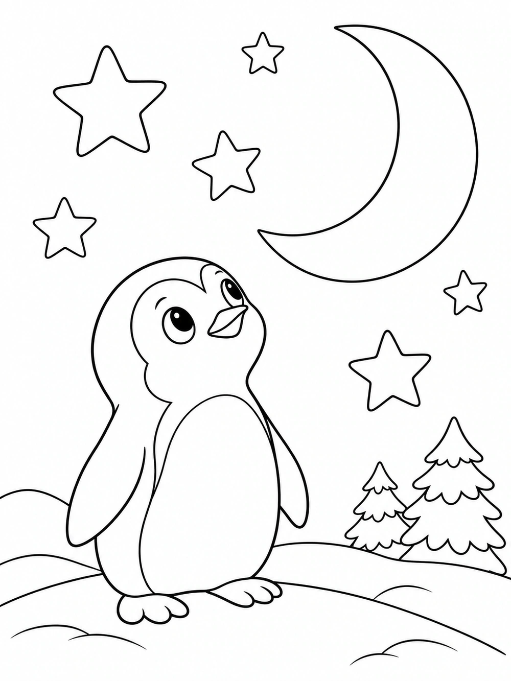 A penguin gazes upward at a large crescent moon and several stars, with snowy hills and evergreen trees below.