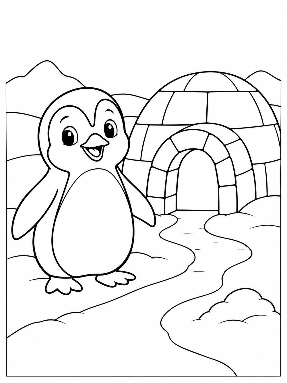 Black-outline coloring page showing a smiling penguin beside an igloo with a rounded entrance, snowy path, and small snow mound.