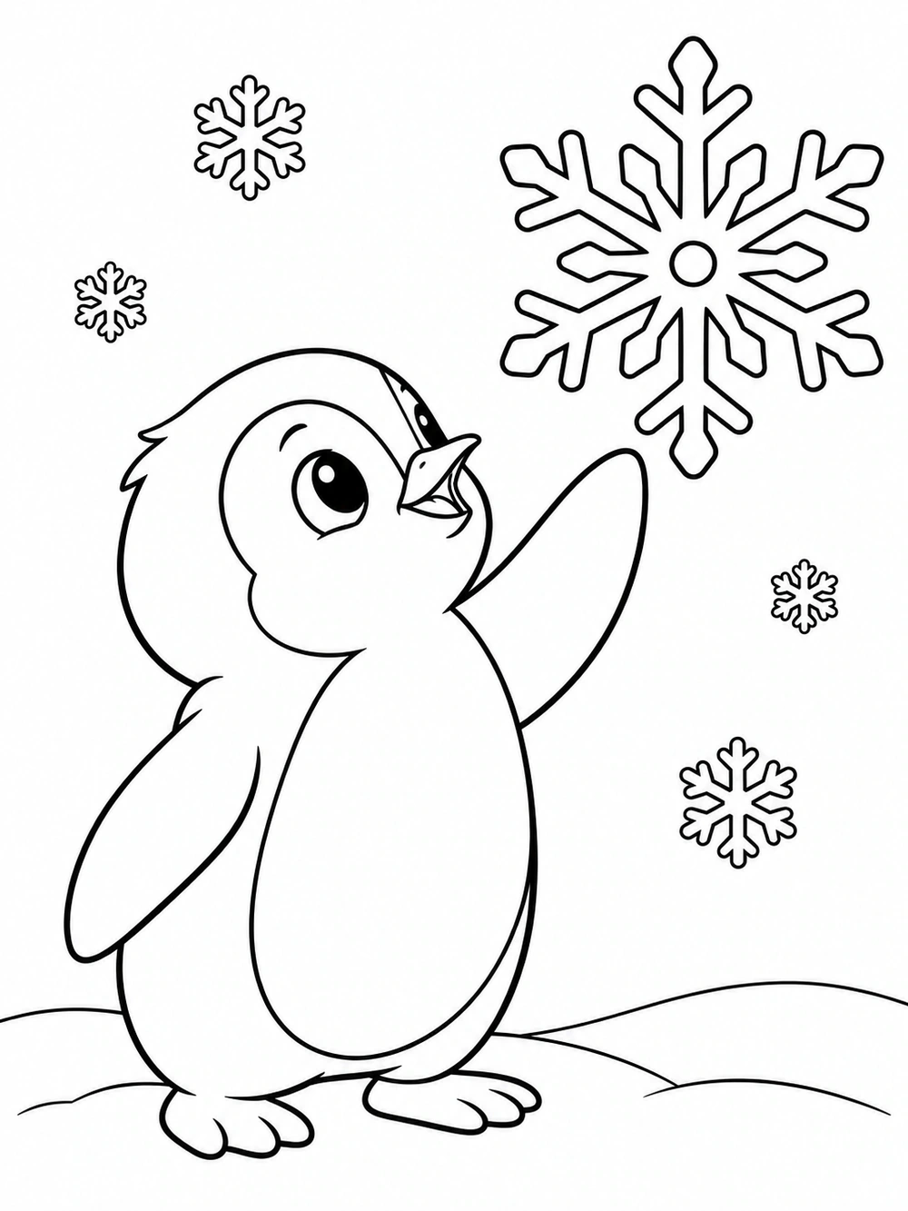 A curious penguin reaches toward a large symmetrical snowflake, with smaller flakes and snowy ground nearby.