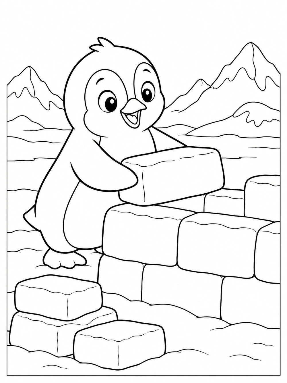 A penguin placing a snow block onto a partly built fort, with extra blocks beside it and snowy mountains in the background.