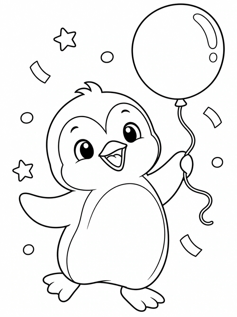Black-and-white coloring page of a smiling penguin holding a large round balloon with a curling string, with simple confetti nearby.