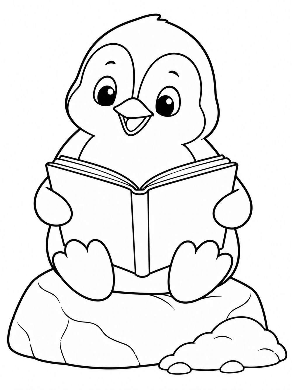 A cheerful penguin sits on a low rock holding an open, blank book, beside a small snow mound.