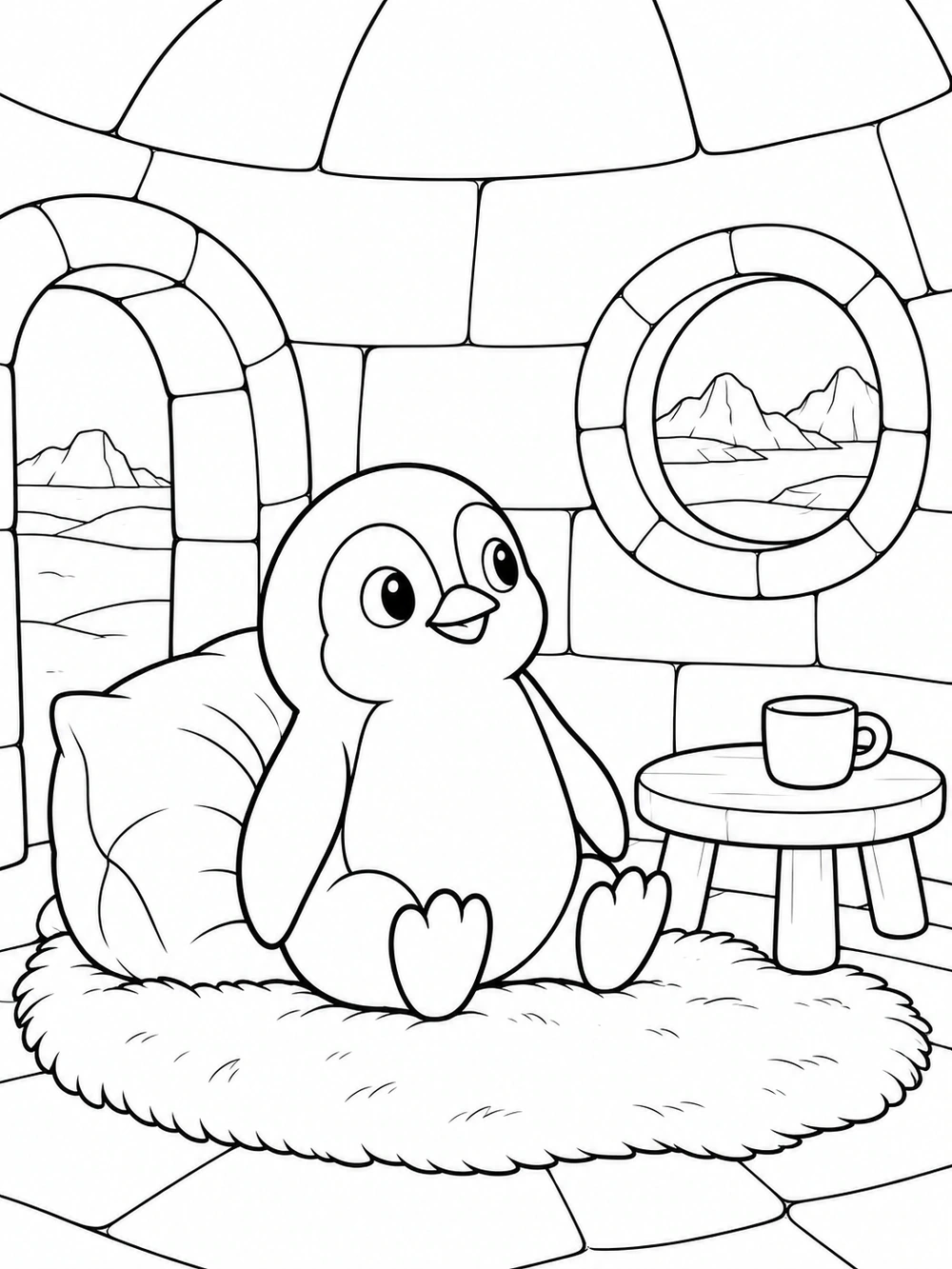 A seated penguin in a cozy igloo interior, beside a round window, curved doorway, cushioned seat, and small table.