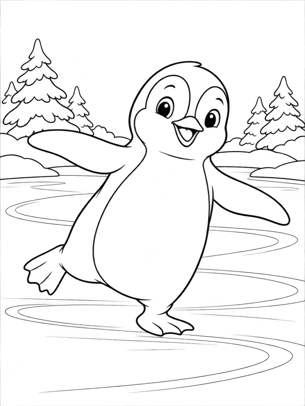 A penguin gliding across a frozen pond with its flippers extended and one foot lifted, surrounded by ice curves and snowy banks with evergreen trees.