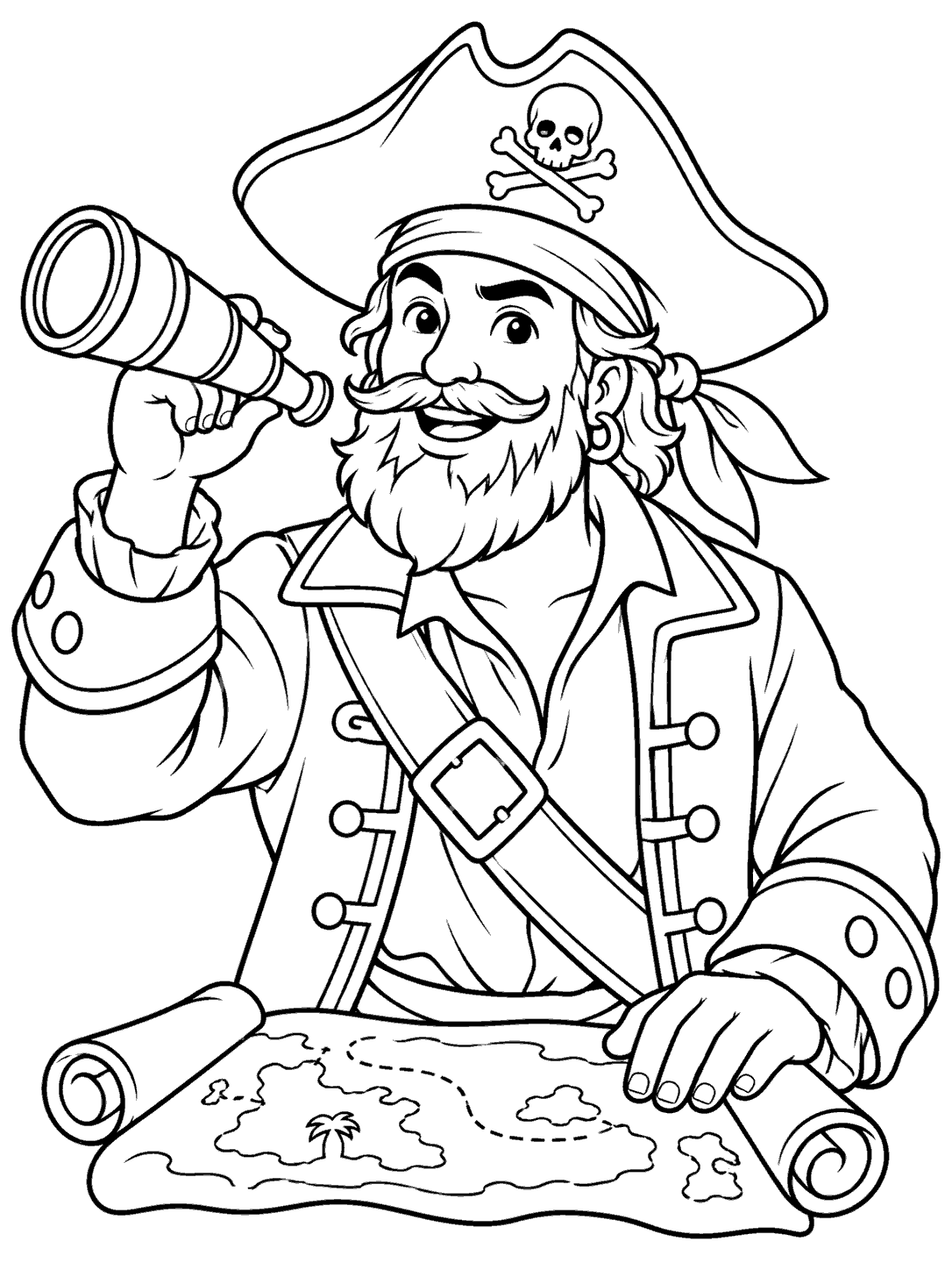 Friendly bearded pirate captain wearing a tricorn hat and bandana, holding a spyglass over a map coloring page