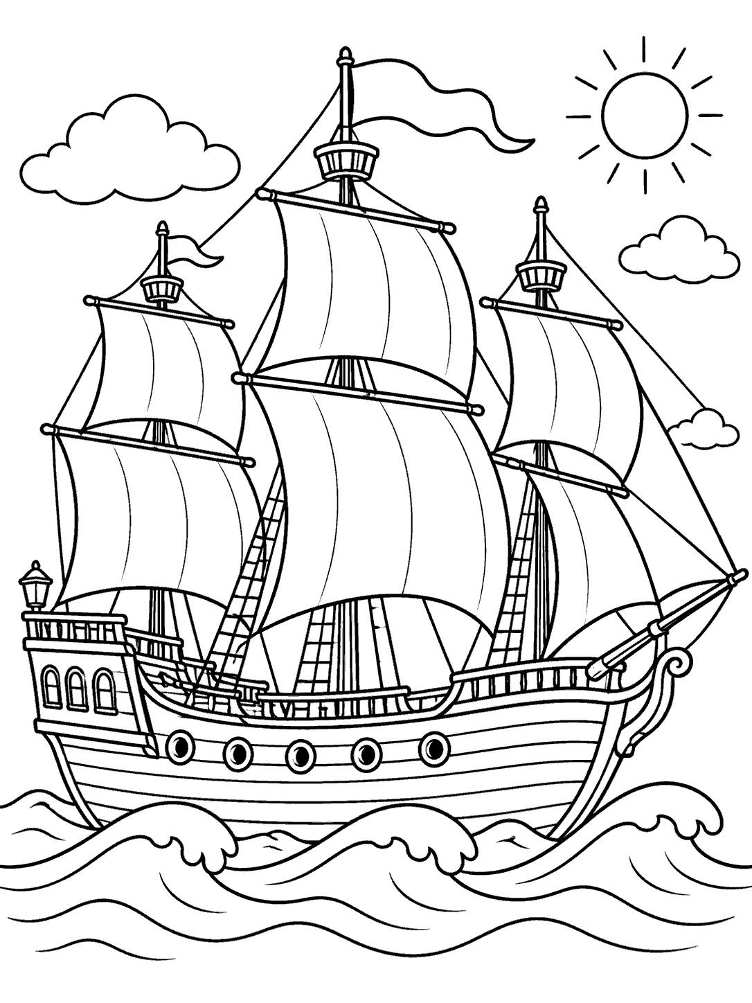 Three-masted pirate ship sailing on waves coloring page