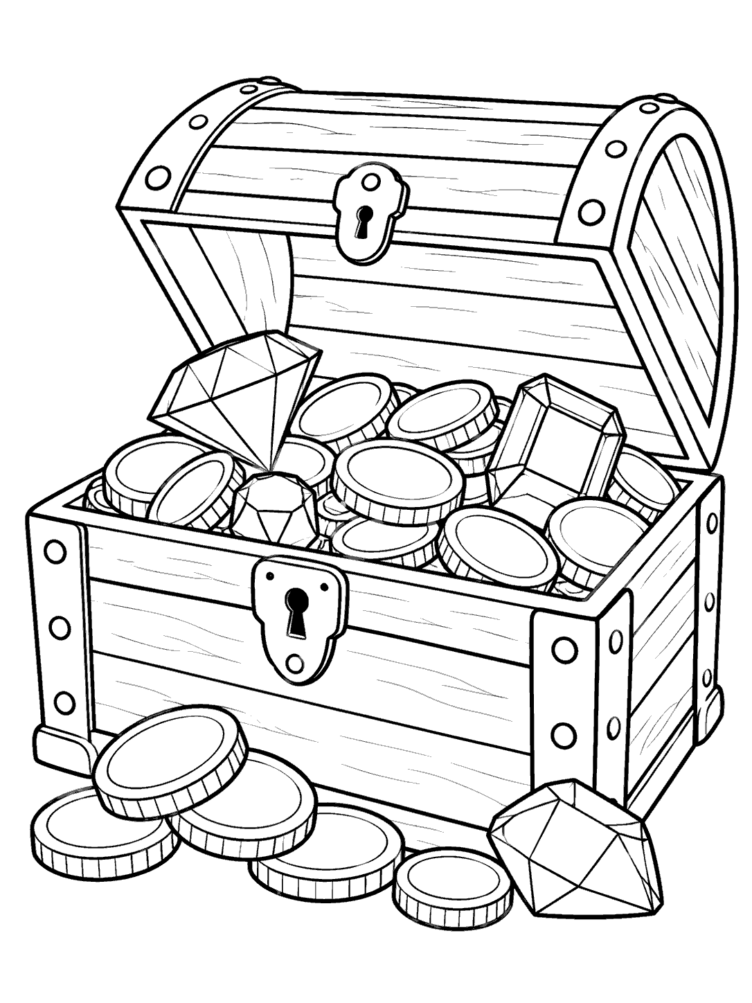 Black-outline coloring page of an open treasure chest with coins spilling out and large gems beside it