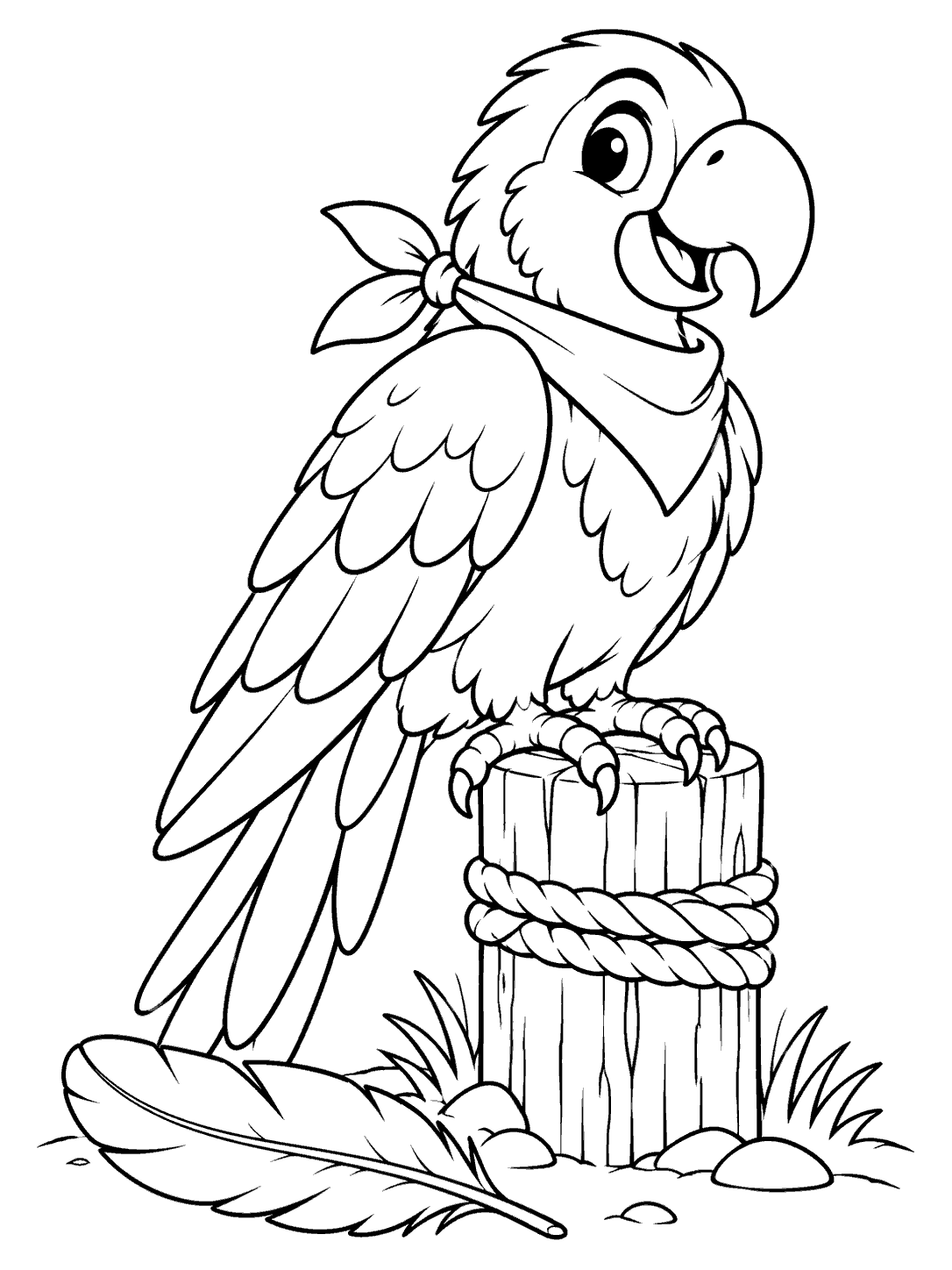 Black-outline coloring page of a friendly bandana-wearing parrot perched on a wooden post, with a feather on the ground.