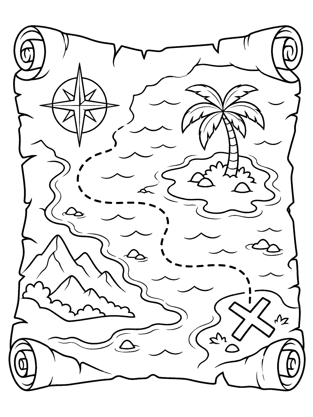 Black-outline pirate treasure map coloring page with a dotted route, palm-tree island, compass rose, and large X