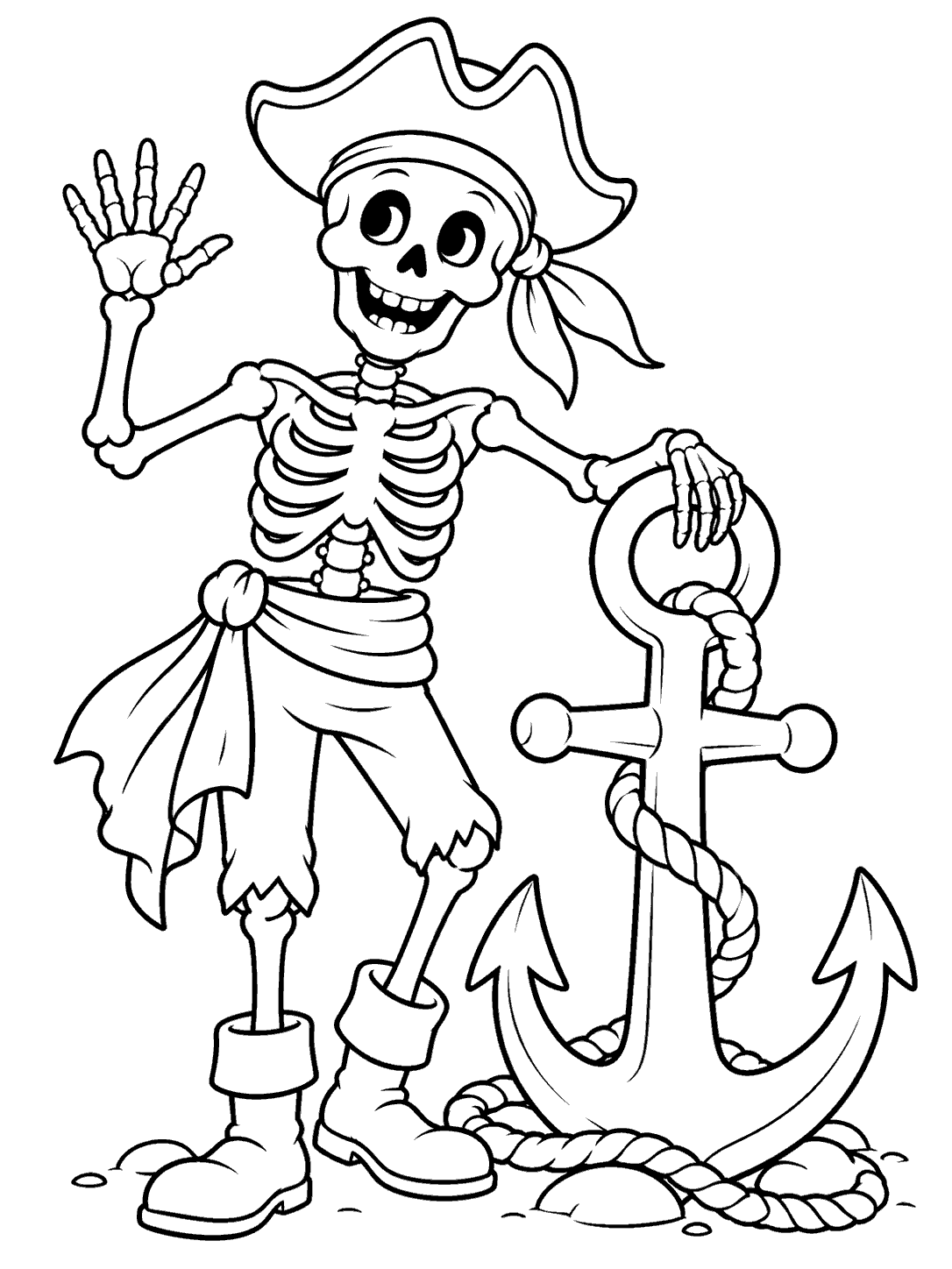 Friendly skeleton pirate in a tricorn hat waving beside a large anchor on a black-and-white coloring page