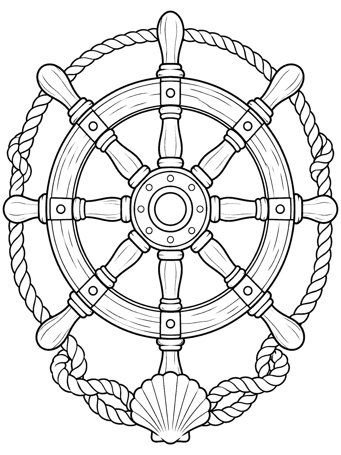 Black-outline ship’s wheel with rope and seashell coloring page
