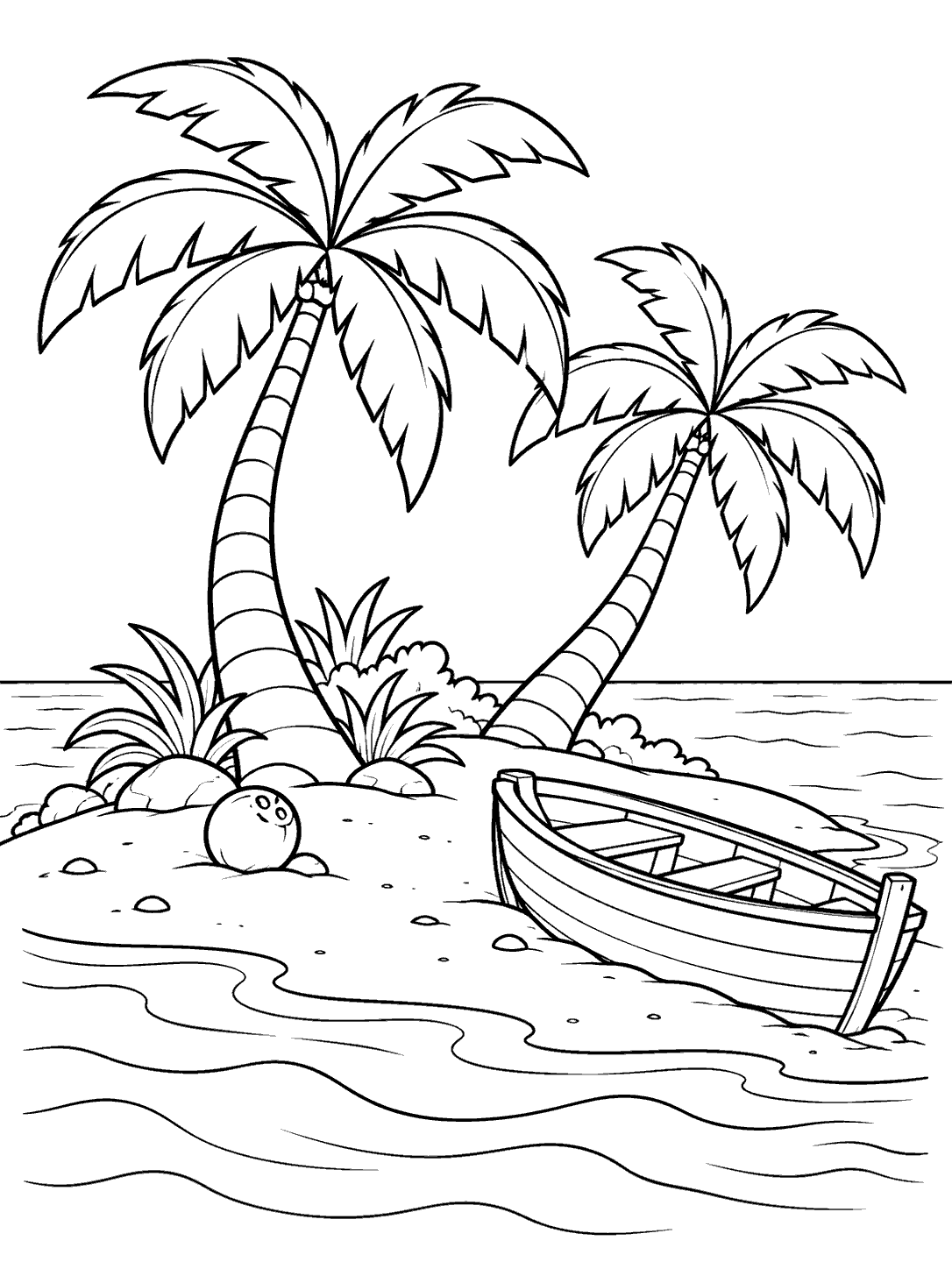 Desert island with two palm trees, a coconut, and a wooden rowboat on a pirate coloring page