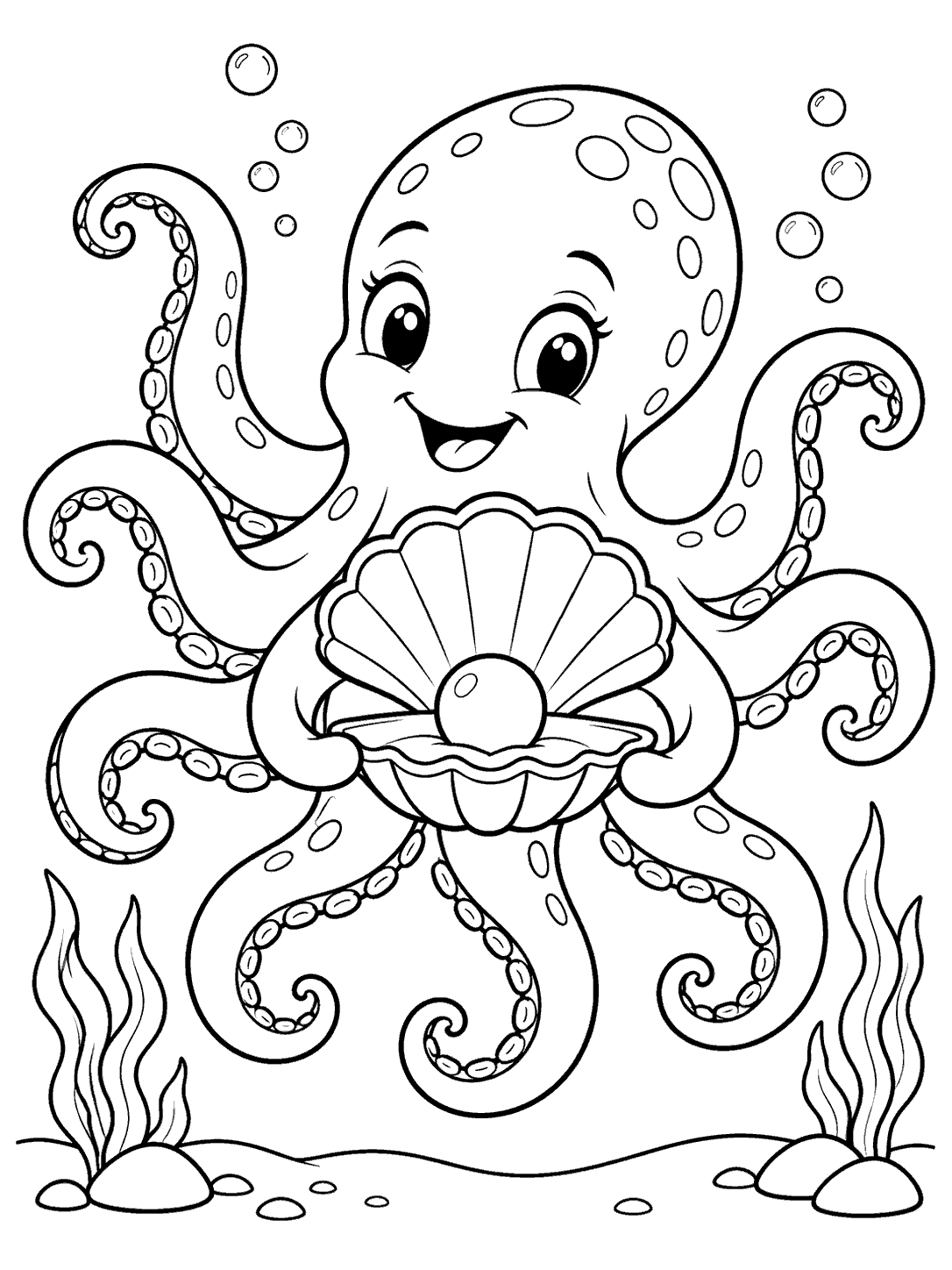 Friendly octopus holding an open pearl shell in an underwater coloring page