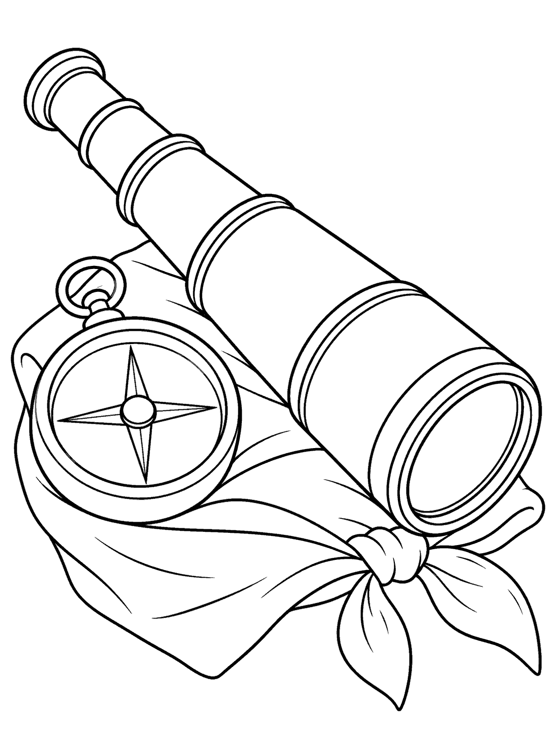 Black outline coloring page showing a diagonal spyglass, a round four-point compass, and a folded bandana.