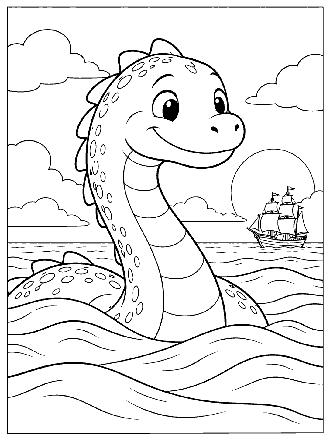 Friendly smiling sea monster above waves with a distant sailing ship in a pirate coloring page