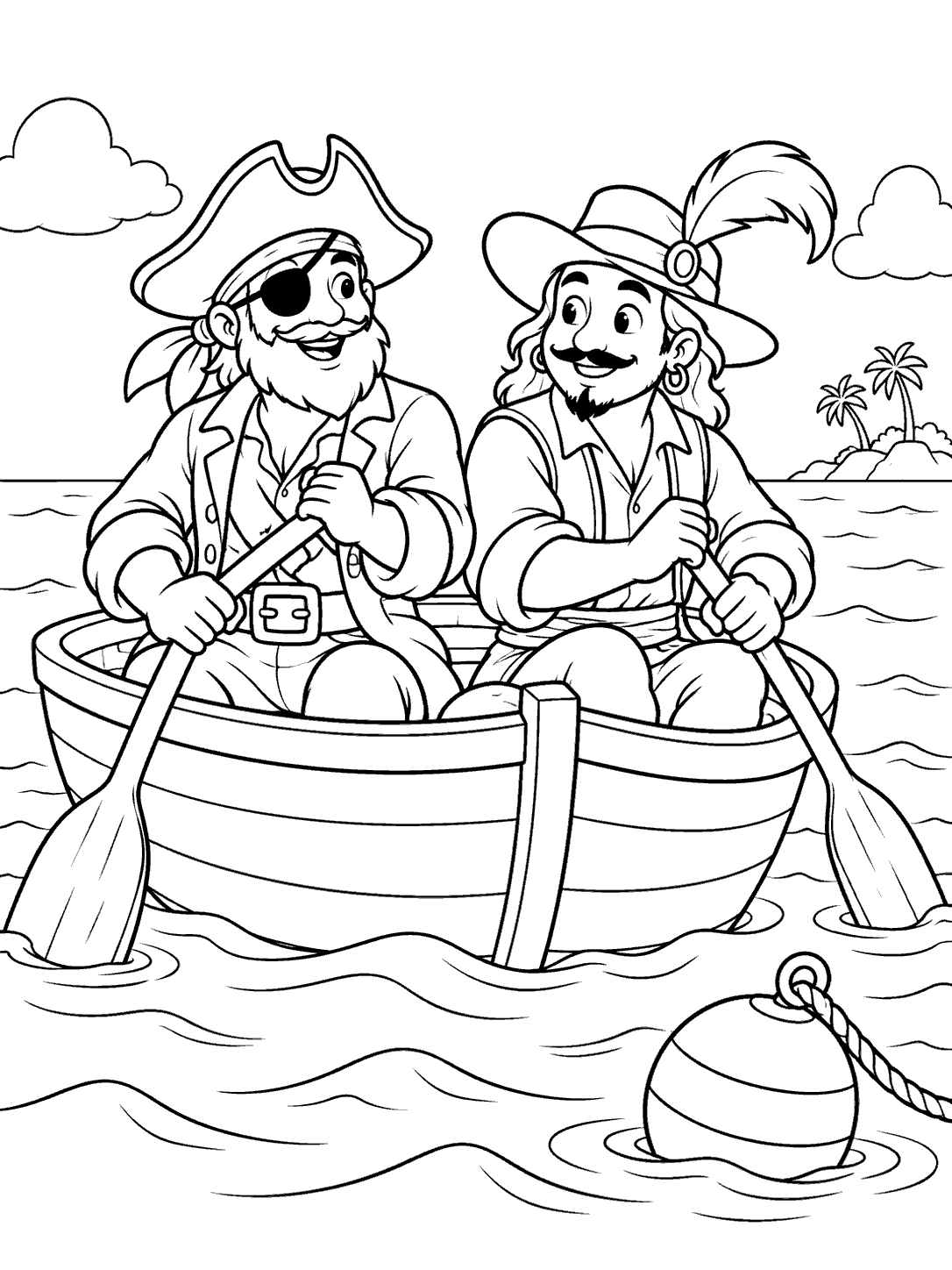 Two pirates rowing a wooden rowboat beside a buoy, with calm waves and distant islands, in a coloring page.