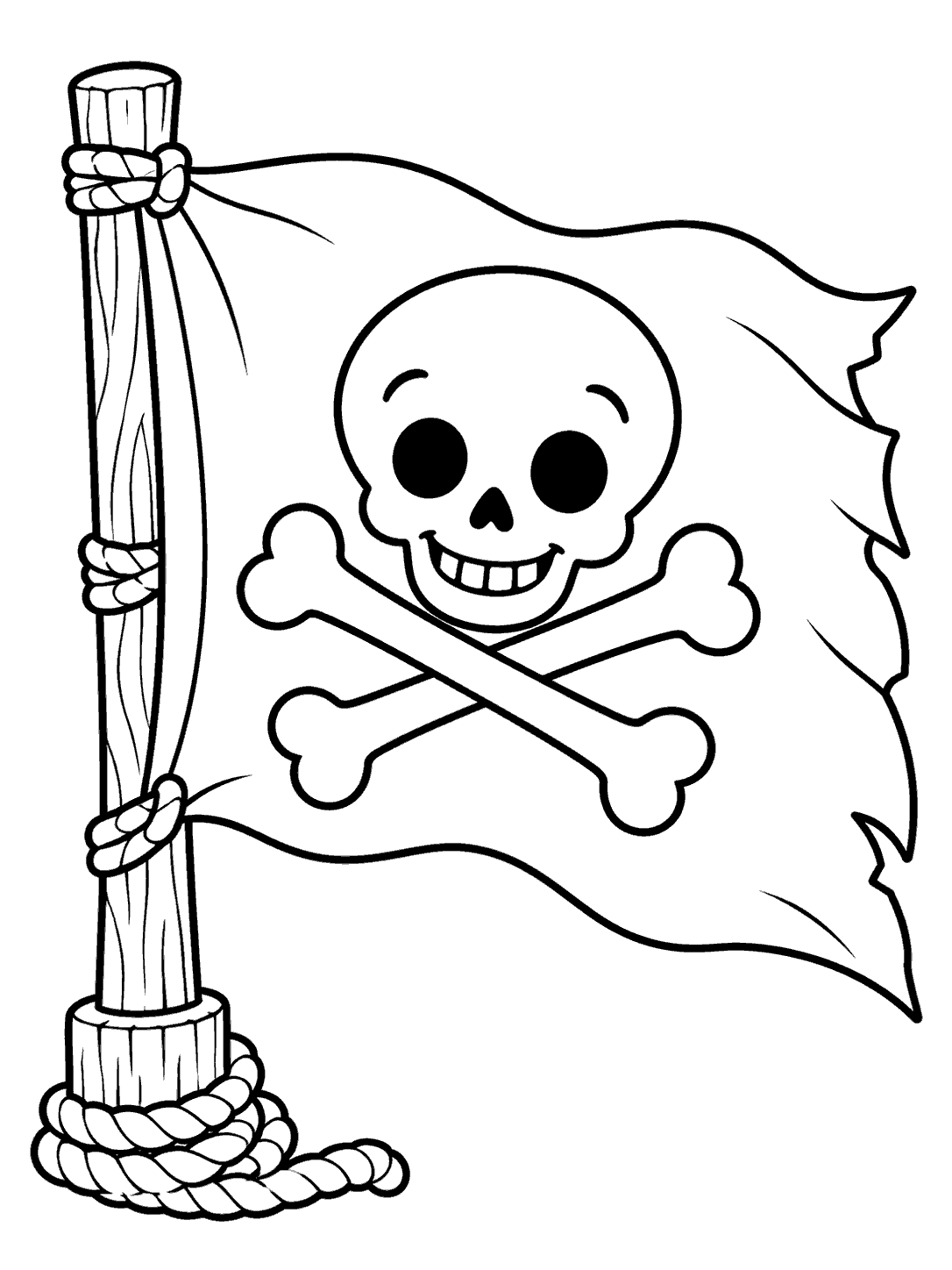 Large waving pirate flag with a smiling skull-and-crossbones emblem, sturdy mast, and rope coil in a black-outline coloring page.
