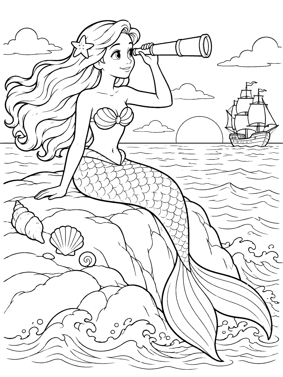 Black-outline coloring page of a mermaid seated on seaside rocks, looking through a spyglass toward a sailing ship.
