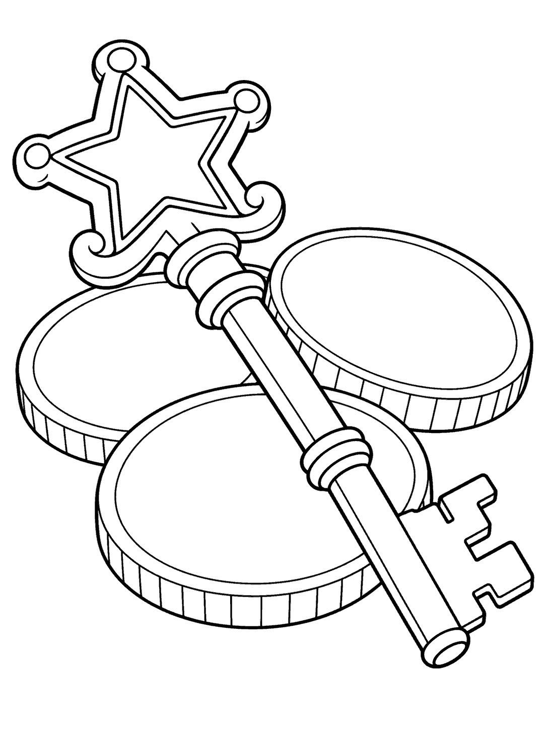 Black-outline coloring page showing an antique-style key with a star-shaped bow resting across three large blank coins.
